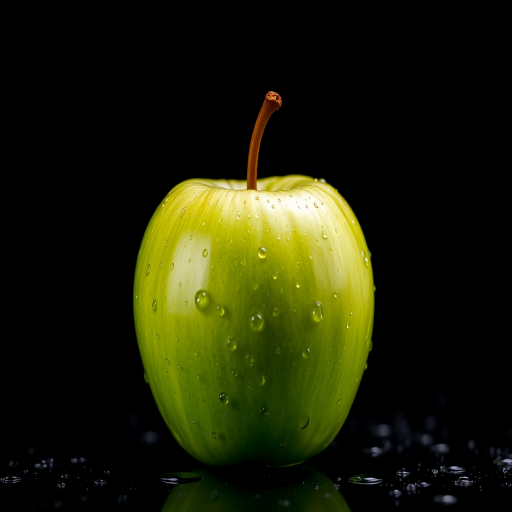 Capture a vividly detailed green apple on a dark background, with droplets of water glistening, using a Canon EOS 5D Mark IV, 50mm lens, f/2.8 aperture, ISO 100, 1/125 sec, softbox lighting for a polished and vibrant appearance.