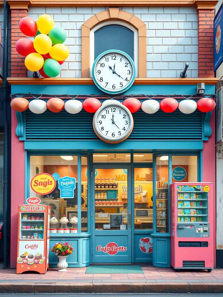 A colorful pixel art storefront with a clock and balloons, featuring a dessert display and vending machine, captured with a Canon EOS R5, 35mm lens, f/2.8 aperture, ISO 100, in soft daylight, from a low angle to emphasize the facade.