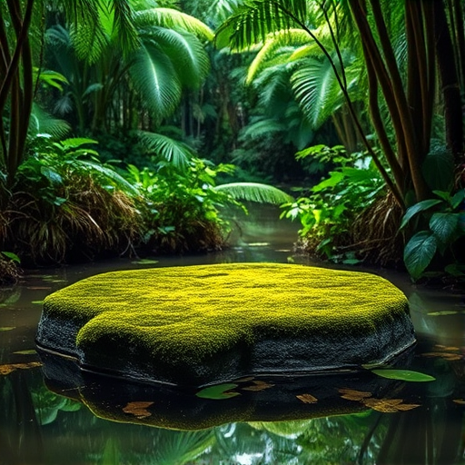 Create a serene jungle scene featuring a moss-covered stone platform surrounded by lush greenery and reflections in water, captured with a DSLR camera, 50mm lens, f/2.8 aperture, ISO 100, natural light, and a shallow depth of field to enhance details in the foreground and a soft focus in the background.
