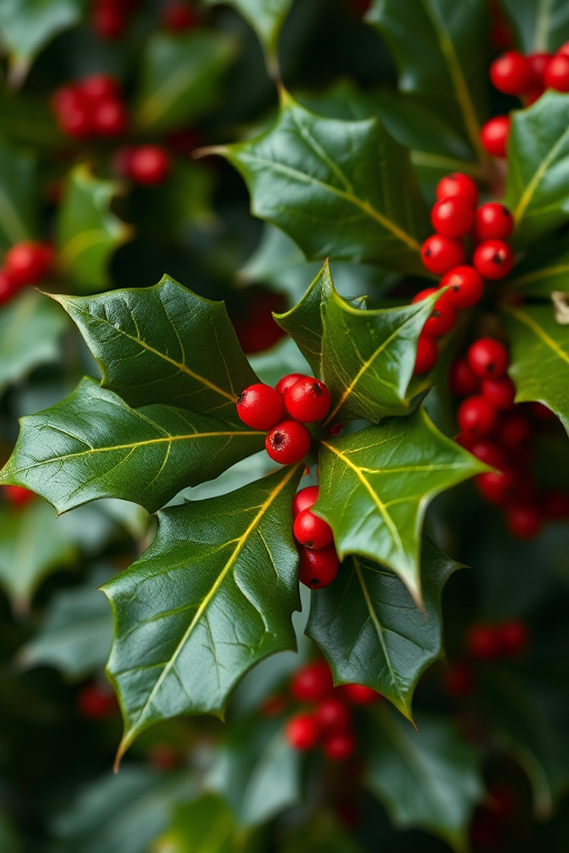 Create an image of holly leaves with red berries, shot with a DSLR camera at f/4 aperture, ISO 200, 50mm lens, natural lighting, macro perspective for detail enhancement.