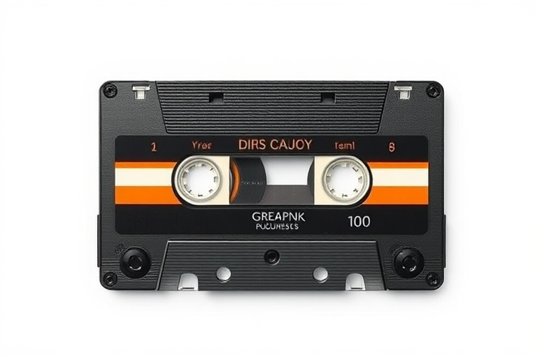 Create a high-resolution image of a vintage audio cassette tape with a white background, capturing intricate details and texture, using a Canon EOS 5D Mark IV with a 50mm f/1.8 lens, aperture set to f/2.8, ISO 100, and a soft-focus effect for a nostalgic feel.