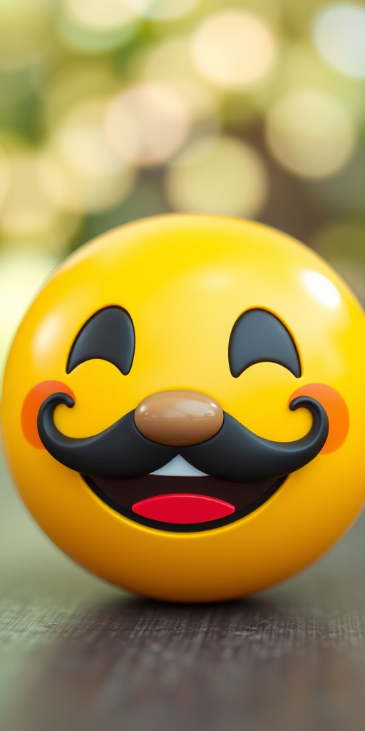 Create an image of a smiling yellow emoji with a traditional mustache and happy expression, shot with a 50mm lens at f/2.8, using a soft focus background and natural lighting to enhance vibrant colors, in a digital camera style.