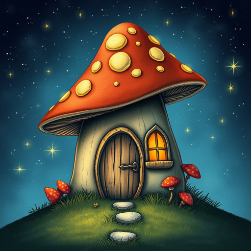 this picture is illustration of a mushroom house with a door and a window, a storybook , fantasy art, mushroom house, bg starry sky, sparkles
