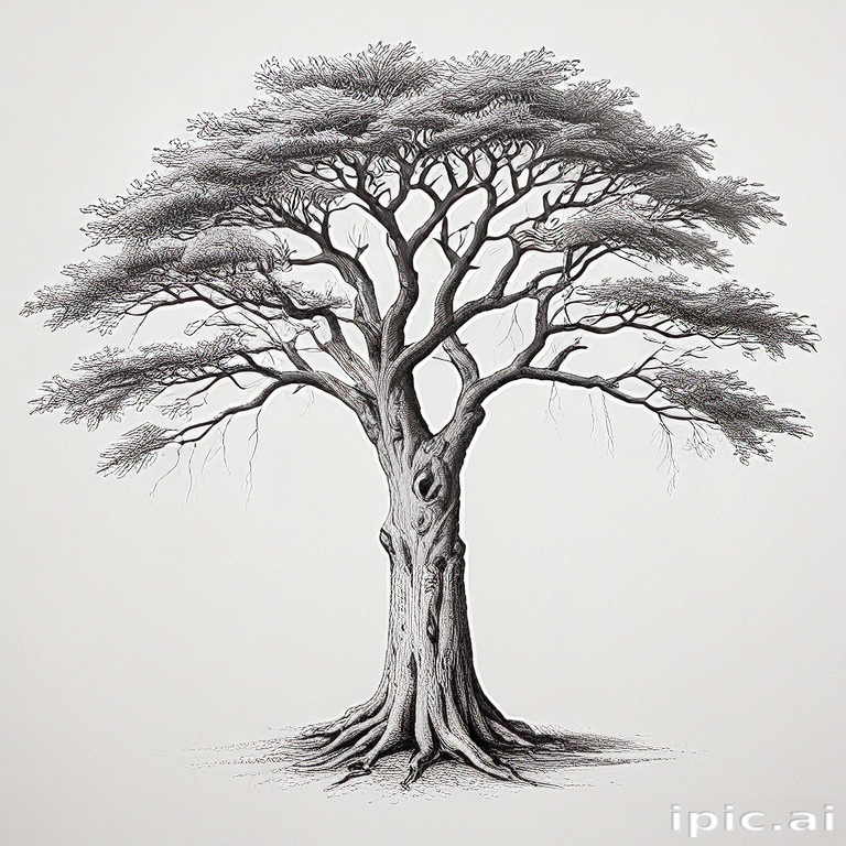 Intricate Black and White Illustration of a Majestic Tree with Detailed ...