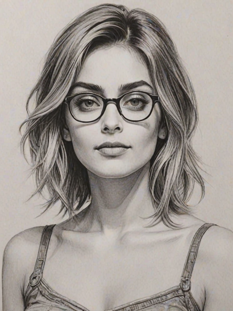 Dazzling Paris Jackson, pencil sketch, portrait of Bewitching woman 1963s in glasses, hair style beatnik, outline, clear lines, fine lines, 8k