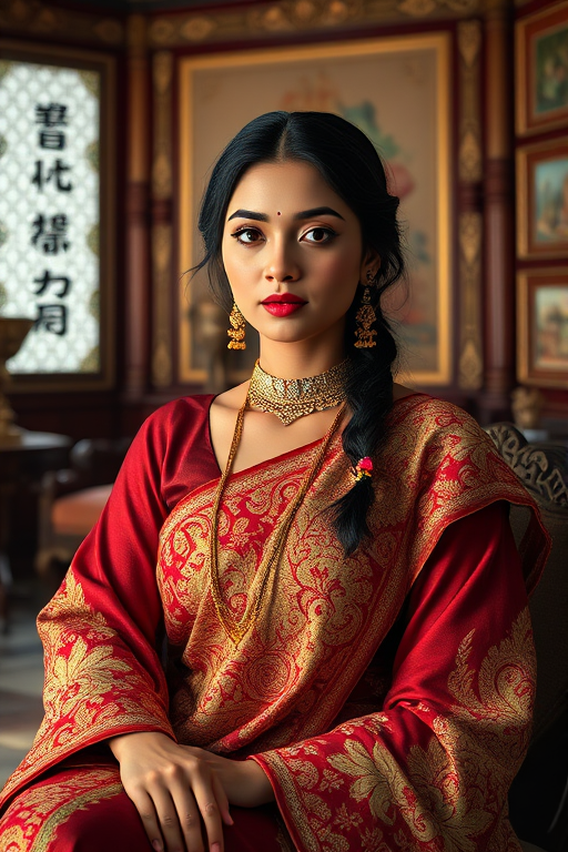A beautiful Bangladeshi woman in traditional East Asian attire, intricately detailed with embroidered patterns, sitting gracefully in a richly decorated room, soft ambient lighting, serene and elegant, ultra-realistic, 8K resolution