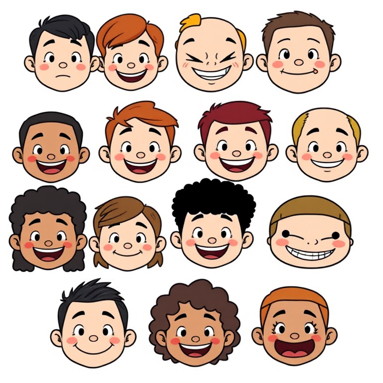 Create an illustrated grid of 12 cartoon faces, each exhibiting a different emotion, in a clean, minimalistic style, with well-defined lines and a white background; use a Canon EOS R5 with a 50mm f/1.8 lens, aperture set to f/2.8 for depth of field, ISO 100, and a shutter speed of 1/125s, shot from a straight-on perspective to enhance clarity and detail.