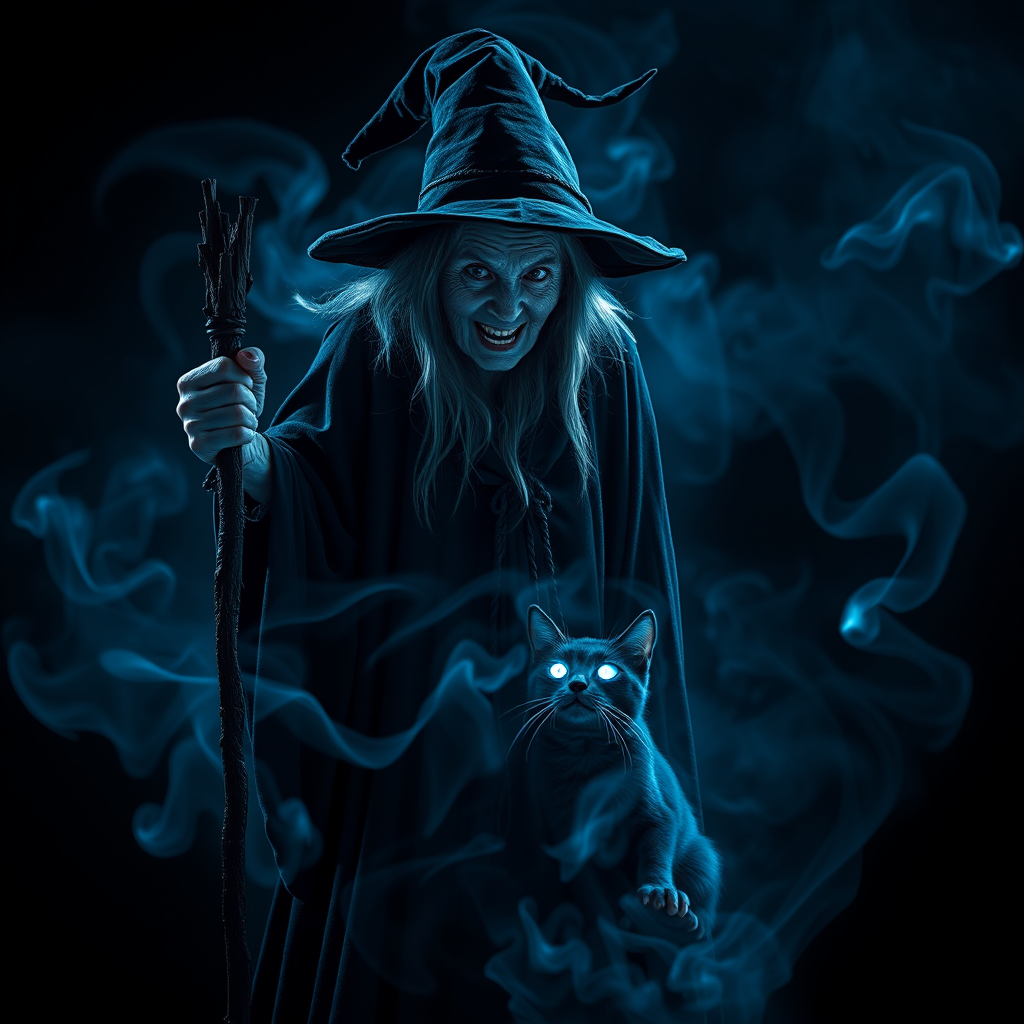 Close-up of a mysterious old crone female witch and her cat made of blue smoke are standing in the dark cackling evilly at the viewer. The smoke is a deep blue, and the background is black. The crone is wearing a long, flowing robe and has a pointed hat on her head. She is holding a staff in one hand and has a mischievous look on her face. The cat is sitting at her feet, looking up at her with glowing blue eyes. The smoke around them is swirling and shifting, as if it has a life of its own. The overall effect is eerie and magical.