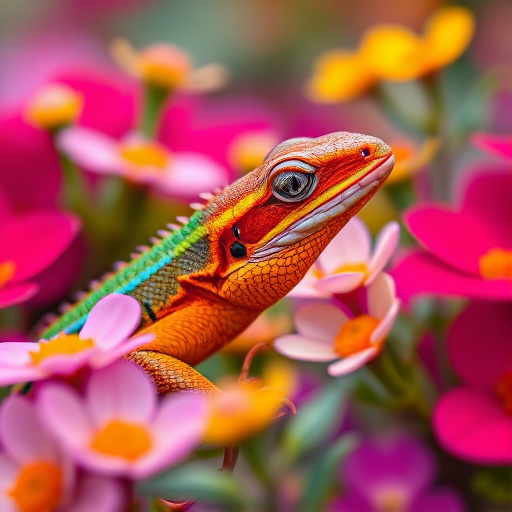 Create a highly detailed close-up of a colorful lizard resting among vibrant flowers in an artistic style, using a Canon EOS R5 with a 50mm f/1.2 lens, aperture set to f/2.8, ISO 100, and a shallow depth of field to enhance focus on the lizard while softly blurring the background.