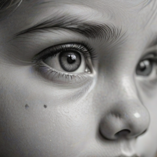 A hyperdetailed photorealistic black and white sketch of a beautiful toddler with deep white eyes, with a macro focus