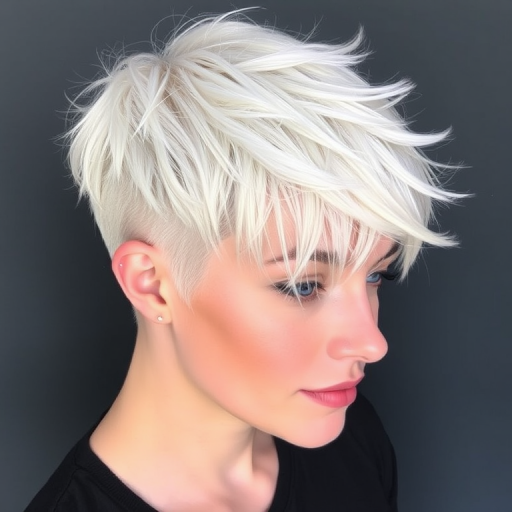 Striking platinum blonde pixie cut named "Frost Whisper" with textured layers, icy white highlights throughout, asymmetrical bangs swept to one side, short tapered nape, choppy crown for added dimension, edgy yet sophisticated appearance