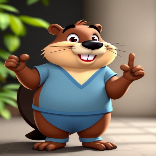Create a high-quality cartoon image of a smiling beaver character standing with one finger raised, wearing blue scrubs, with a 50mm lens, f/2.8 aperture, ISO 100, and a bright daylight setting.