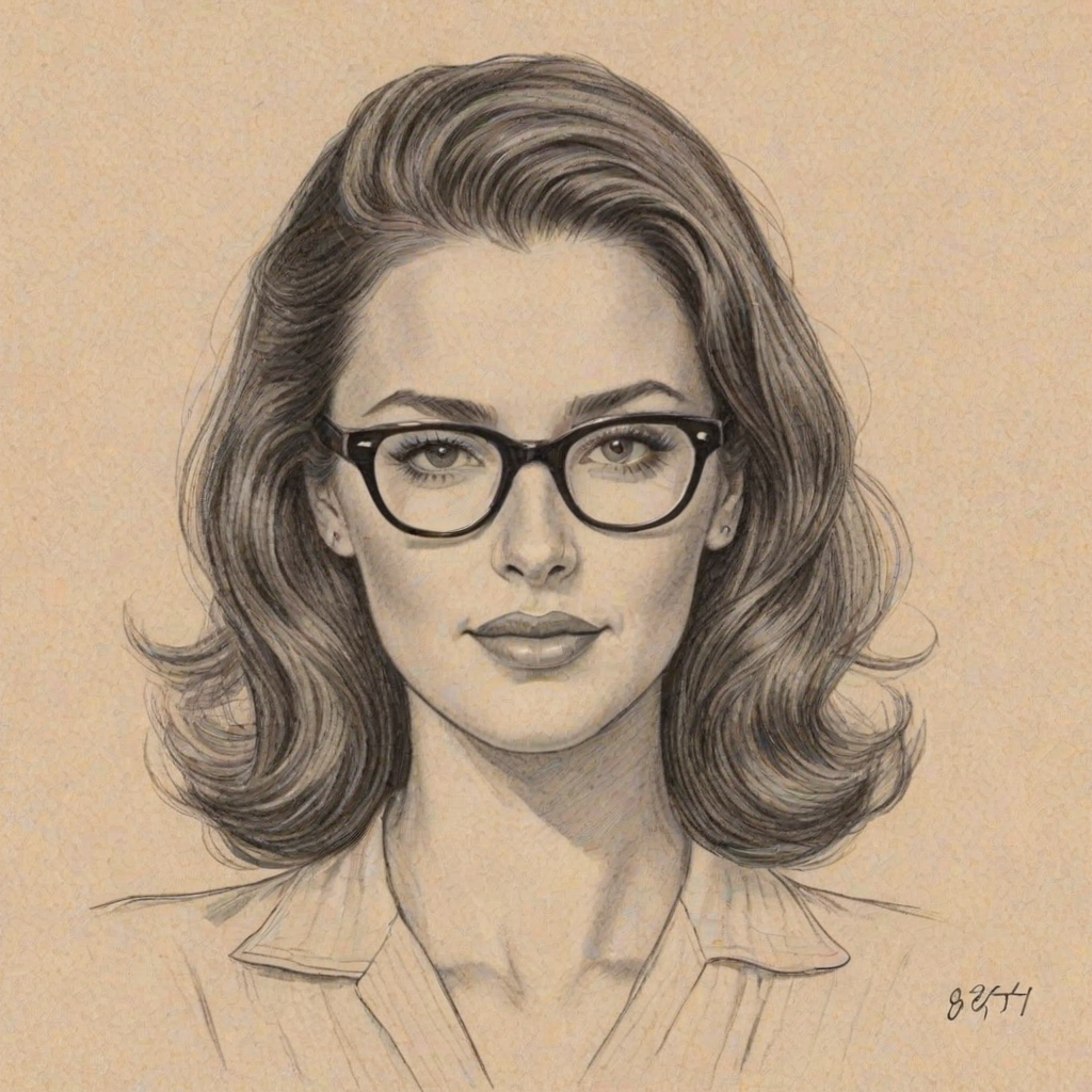 Comely Becca Kufrin, pencil sketch, portrait of Attractive woman 1941s in glasses, hair style beatnik, outline, clear lines, fine lines, 8k