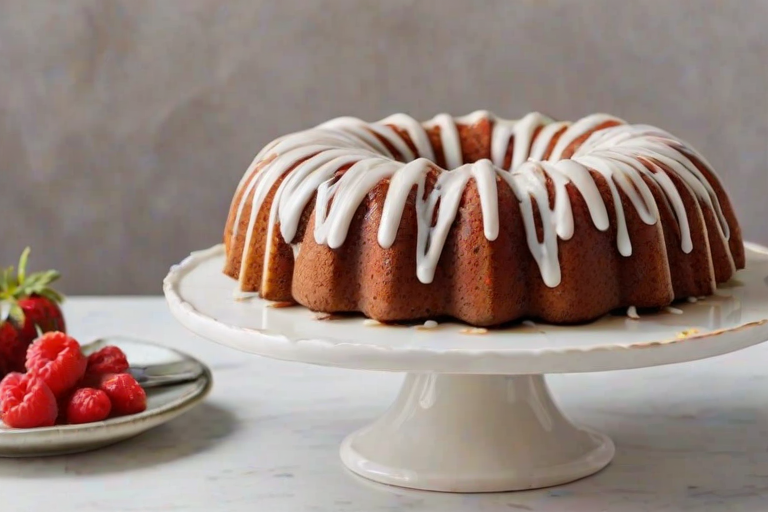 Generate an image of a beautifully baked bundt cake on a white pedestal cake stand. The cake should be golden brown with a glossy icing drizzled on top, and a few slices should be cut out to showcase the moist interior. The background should be bright and airy, suggesting a sunny kitchen setting. Include a plate and a spoon next to the cake for serving.