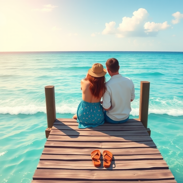 create an illustration of a couple sitting on a wooden dock overlooking a turquoise sea with gentle waves, include two pairs of sandals on the dock, use vibrant colors, take with a DSLR camera, aperture f/2.8, shutter speed 1/250s, focal length 35mm, soft focus background for a dreamy effect