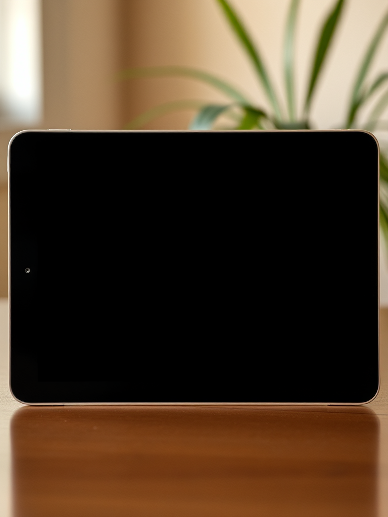 Generate a high-resolution image of a blank tablet screen with a black bezel from a frontal view, using a DSLR camera with a 50mm lens, aperture set to f/2.8, ISO 100, and a soft diffused natural light setup.