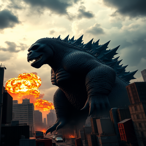 A dramatic cityscape featuring giant monsters battling, with a towering gorilla-like creature in the foreground, Godzilla in the background, fiery explosions, and dark storm clouds, captured with a Canon EOS R5, 24mm lens, f/8 aperture, ISO 100, HDR style, wide-angle perspective, vibrant comic book colors.