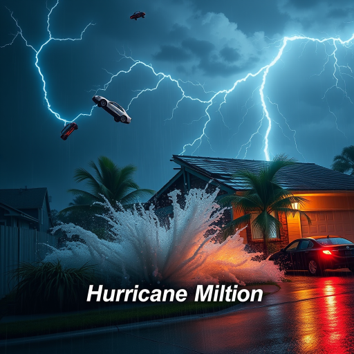 Hurricane Milton blows a roof off a home. Strong winds and rain blows sideways. Palm trees uprooted and bent over. Cars flying through the sky with debris. Sky is dark with thunder storms. Lightning strikes are fluorescent blue. Add text Hurricane Milton 2024