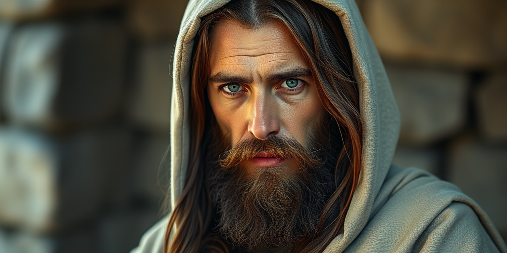 Create a high-resolution portrait of a man resembling a historical figure with long brown hair and a beard, wearing a simple, light-colored robe and hood, capturing a contemplative expression with soft natural lighting, using a Canon EOS R5, 50mm lens at f/1.8, ISO 100, 1/200 sec shutter speed, focused on the face with a shallow depth of field to create a blurred background.
