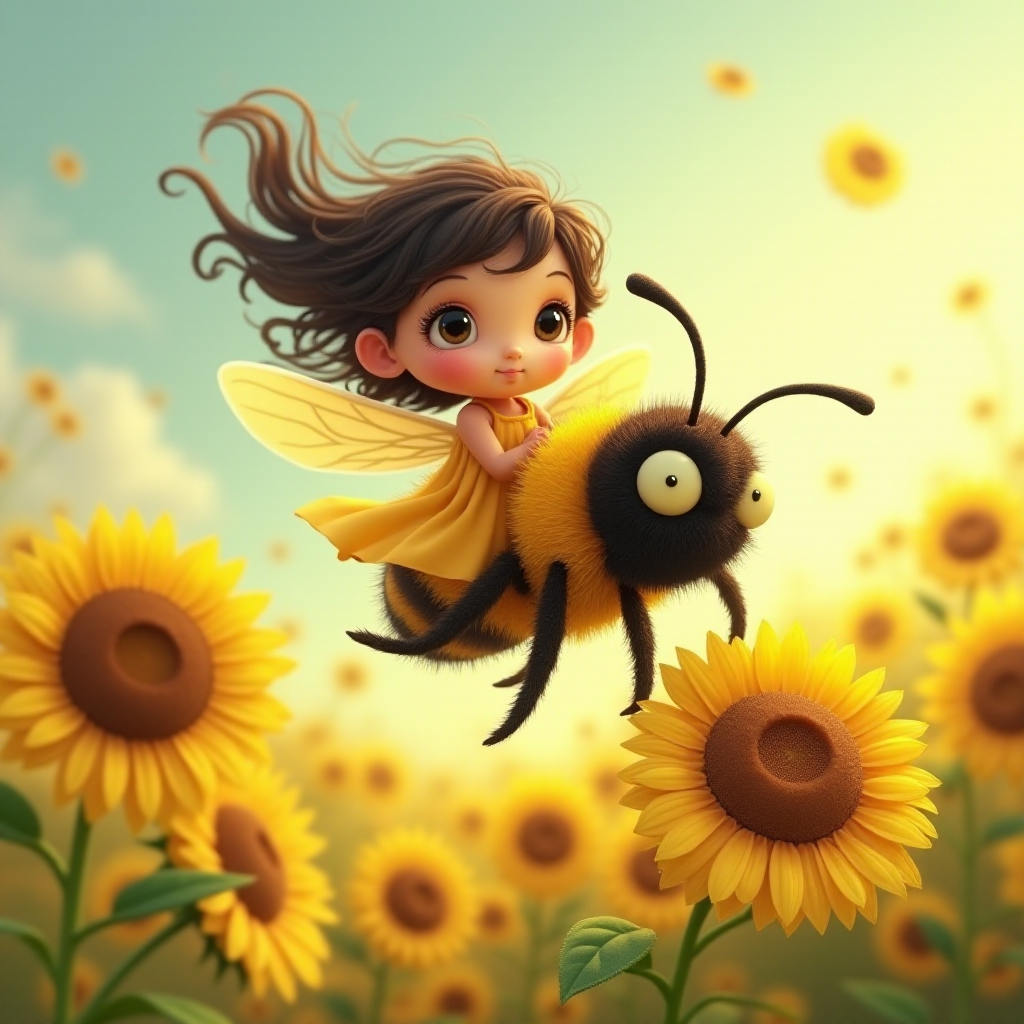 a whimsical cute girl with big eyes, big hair and flowing dress, riding astride a bumble bee, and flying across the top of the sunflower, which are just waking up, and catching dew drop of rain