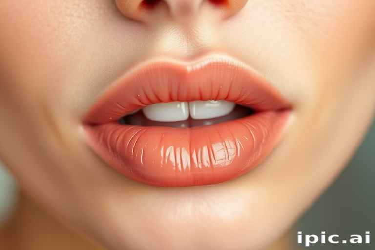 Glossy nude lips with a peachy undertone, known as "Bare Necessities," offer a natural, your-lips-but-better look with a hydrating formula