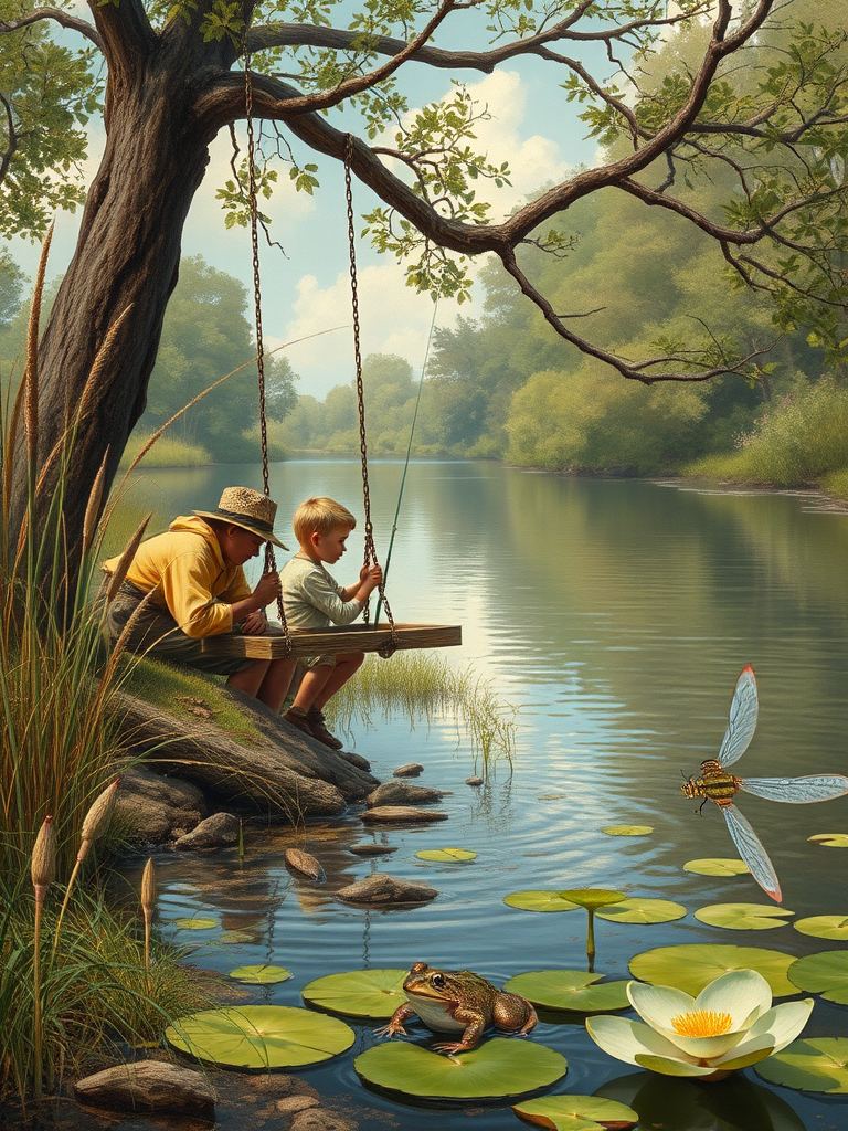 Imagine a small group of old fashioned young boys out fishing by the creek, a swing hanging from a tree branch, reeds and grasses by the water's edge, a frog sitting on a lily pad, dragonflies hovering over som water plans, a very iconic old fashioned scene reminiscent of a Norman Rockwell painting style