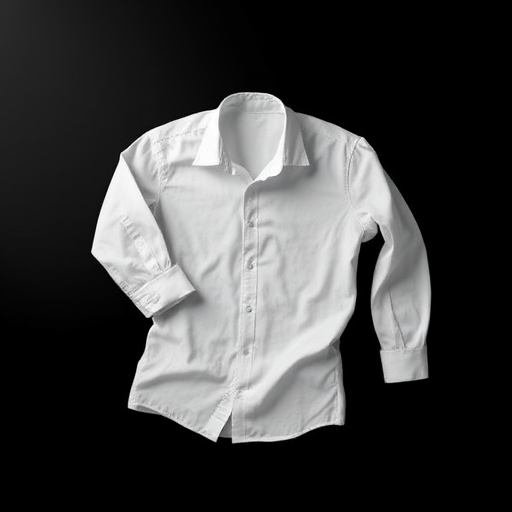 Create a high-resolution image of a white shirt floating against a solid black background, using a DSLR camera with a 50mm lens at f/2.8, ISO 100, and a shutter speed of 1/200s, in a top-down view with soft lighting for enhanced depth and shadows.
