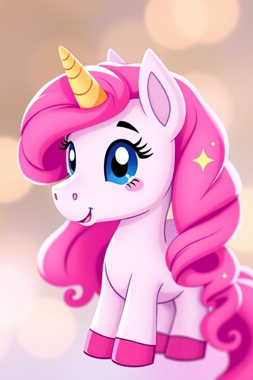 Create a vibrant pink cartoon pony with curly mane, stars on its side, captured in high resolution with a 50mm lens, f/2.8 aperture, ISO 100, soft lighting, and a slight bokeh effect for depth.