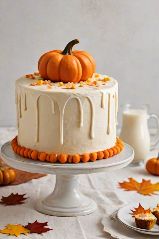 Create an image of a tall cake decorated with small orange pumpkin decorations made of frosting. The cake should have a cream-colored frosting with a smooth finish, topped with a decorative swirl. Surround the cake with small real pumpkins and autumn leaves on a white tablecloth. Include a glass of milk and a few more autumn-themed decorations in the background.