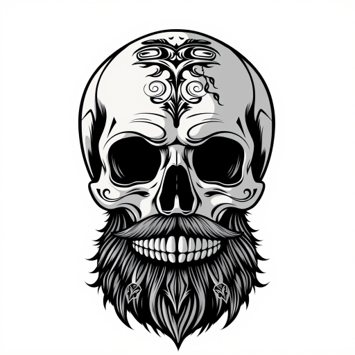 Create a detailed vector illustration of a skull with a stylized beard and mustache, featuring intricate designs on the beard, set against a minimalist background, using a high-resolution camera with a 50mm lens, f/1.8 aperture, ISO 100, shot from a frontal view in natural lighting for enhanced contrast and clarity.