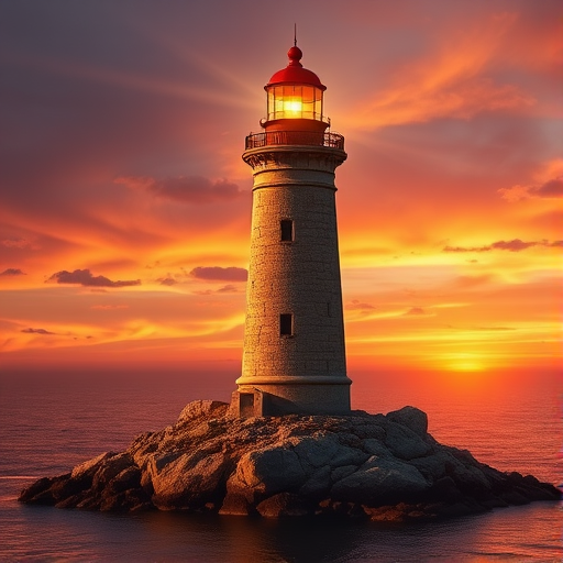 Generate an image of a tall lighthouse perched on a rocky outcrop surrounded by calm ocean waters during a breathtaking sunset. The lighthouse stands sturdy and weathered, its stone surface illuminated by the warm golden light of the setting sun. The sun's rays pass directly through the glass lantern room at the top of the lighthouse, casting a brilliant light across the scene. The sky is painted with vibrant shades of orange, pink, and purple, reflecting off the tranquil sea. The surrounding water shimmers with the same warm hues, creating a serene and majestic atmosphere.