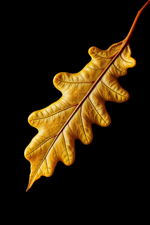 Create a high-resolution image of an oak leaf against a black background, using a macro lens with a shallow depth of field, ISO 100, aperture f/2.8, 50mm focal length, in natural light to emphasize the leaf's texture and color.