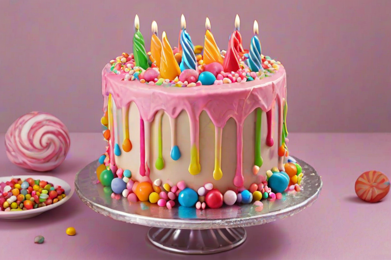 Create an image of a colorful cake decorated with a variety of candies and sweets. The cake should have a vibrant pink icing dripping down the sides, and it should be adorned with lollipops, candy canes, marshmallows, and sprinkles. Use a pastel color palette for the candies, and arrange them artfully around the cake to create a whimsical and festive appearance. The background should be simple and bright to highlight the cake.