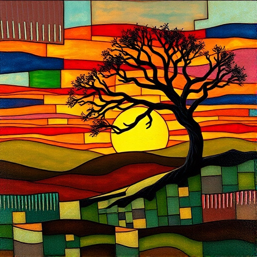 A vibrant abstract painting on Tiffany Glass, blending acrylic and alcohol ink techniques, captures a dramatic sunset over rolling hills. The artwork features a textured, rocky foreground in green and brown, layered abstract hills, and a striking sunset in rich oranges, yellows, and reds. A solitary black tree with intricate branches contrasts against the fiery sky, creating a dynamic and expressive portrayal of a breathtaking natural scene.