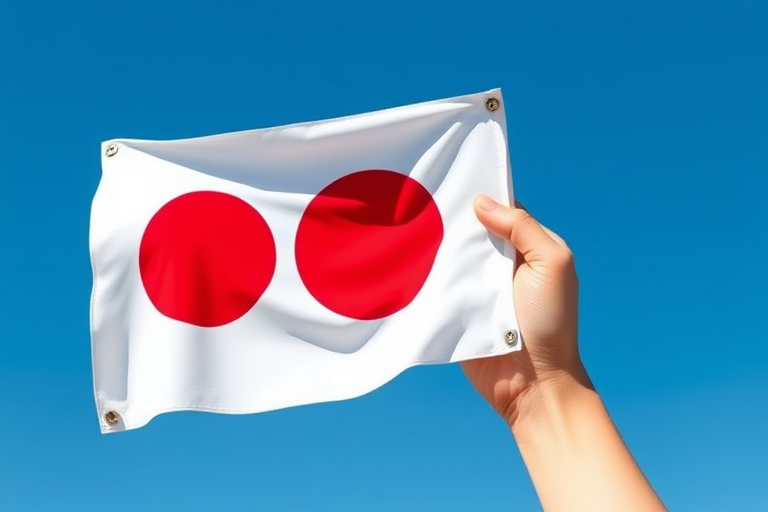 Create an illustration of a hand holding a Japanese flag with a clear blue background, using a Canon EOS R5 camera, 50mm lens, f/2.8 aperture, and ISO 100 for enhanced image quality.