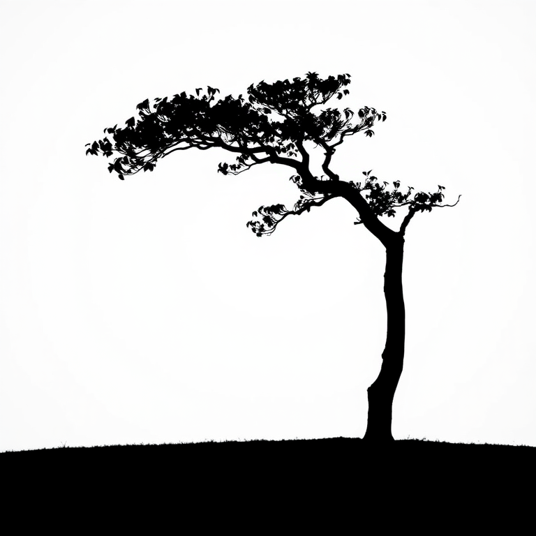 Create a minimalistic black silhouette of a tree against a white background, captured with a Canon EOS R5, 50mm lens, f/8 aperture, ISO 100, soft natural lighting, shot at eye level.