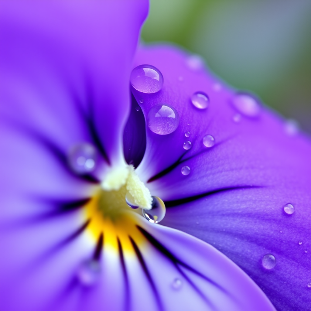 Close-up of a purple pansy flower with water droplets, macro lens, 50mm f/1.8 aperture, ISO 200, natural light, shallow depth of field, captured with a DSLR camera.