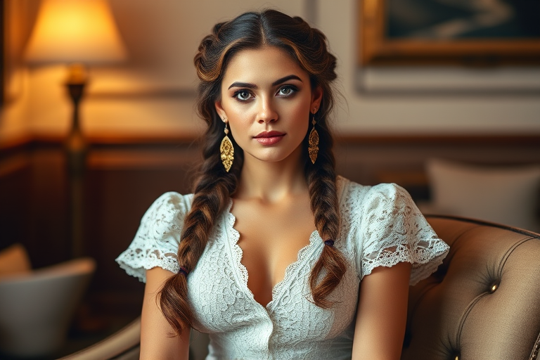 Create a portrait of a refined and elegant Georgian woman seated in a sophisticated setting. She has long, wavy hair styled in two thick braids that are pulled over her shoulders. She wears a white, lace gown with intricate patterns, featuring a deep V-neckline and short sleeves. The dress exudes a vintage charm with its delicate lacework. She is adorned with ornate, dangling earrings that add a touch of glamour to her appearance. The background is softly lit, with warm, ambient lighting that creates a cozy and inviting atmosphere. Her expression is poised and serene, capturing a sense of grace and elegance.