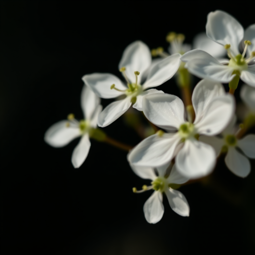 Close-up shot of delicate white flowers on a dark background, f/2.8 aperture, ISO 100, 50mm lens, natural light, macro photography.