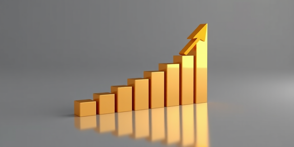 Create a 3D render of a golden bar graph with an orange upward arrow, reflecting on a smooth gray surface, using a Canon EOS R camera, 50mm lens, f/1.8 aperture, ISO 100, 1/200s shutter speed, side view, soft lighting for clarity and detail.