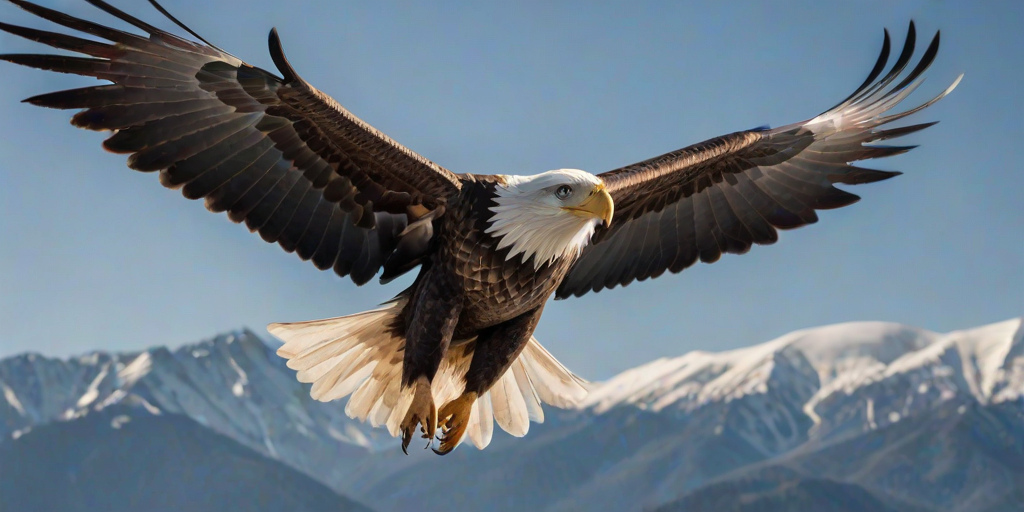 Sharp, detailed photo of a majestic eagle soaring through a clear blue sky, soft sunlight reflecting off its wings, distant mountains visible below, and the feeling of freedom in flight.