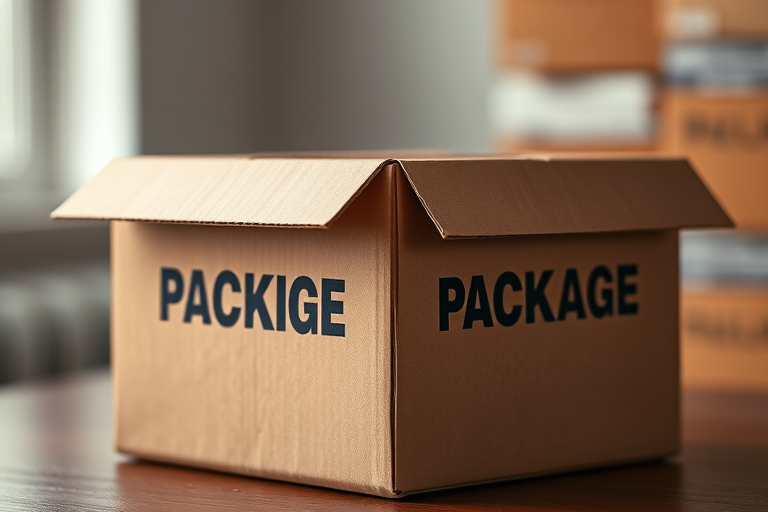Create a highly detailed digital illustration of a closed cardboard box with the word "PACKAGE" printed on the side, captured with a Canon EOS R5 at f/2.8, ISO 100, 50mm lens focus on the box, using soft lighting and a shallow depth of field for a professional studio look.
