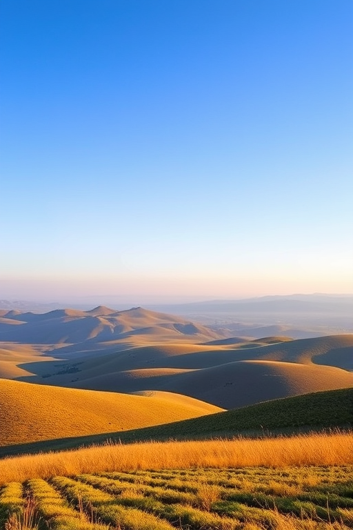Generate a high-resolution image of a serene landscape with soft rolling hills under a clear blue sky, taken with a Canon EOS R5, f/8 aperture, 24mm wide-angle lens, ISO 100, in natural light with a slight golden hour effect.
