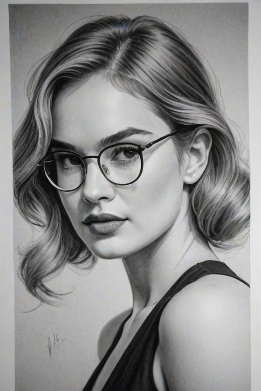 Enticing Lily James, pencil sketch, portrait of Magnificent woman 1947s in glasses, hair style beatnik, outline, clear lines, fine lines, 8k