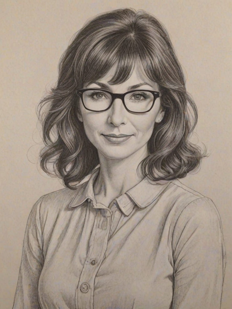 Gorgeous Mary Steenburgen, pencil sketch, portrait of Ravishing woman 1966s in glasses, hair style beatnik, outline, clear lines, fine lines, 8k