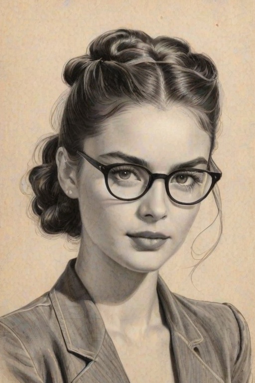 Resplendent Charlotte Lawrence, pencil sketch, portrait of Enchanting woman 1940s in glasses, hair style beatnik, outline, clear lines, fine lines, 8k