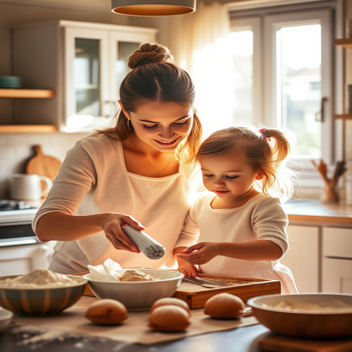 Warmly lit image of a mother and child baking in a cozy kitchen, flour dusting the countertops, sunlight streaming through a window, the smell of cinnamon and sugar in the air, and the sense of bonding and creation.