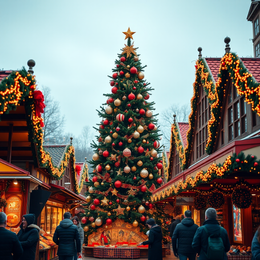 Generate an image of a festive Christmas market scene. Include a beautifully decorated Christmas tree with shiny ornaments and a star on top. Surround the tree with colorful market stalls adorned with lights and holiday decorations. Capture the vibrant atmosphere with shoppers enjoying the festivities.