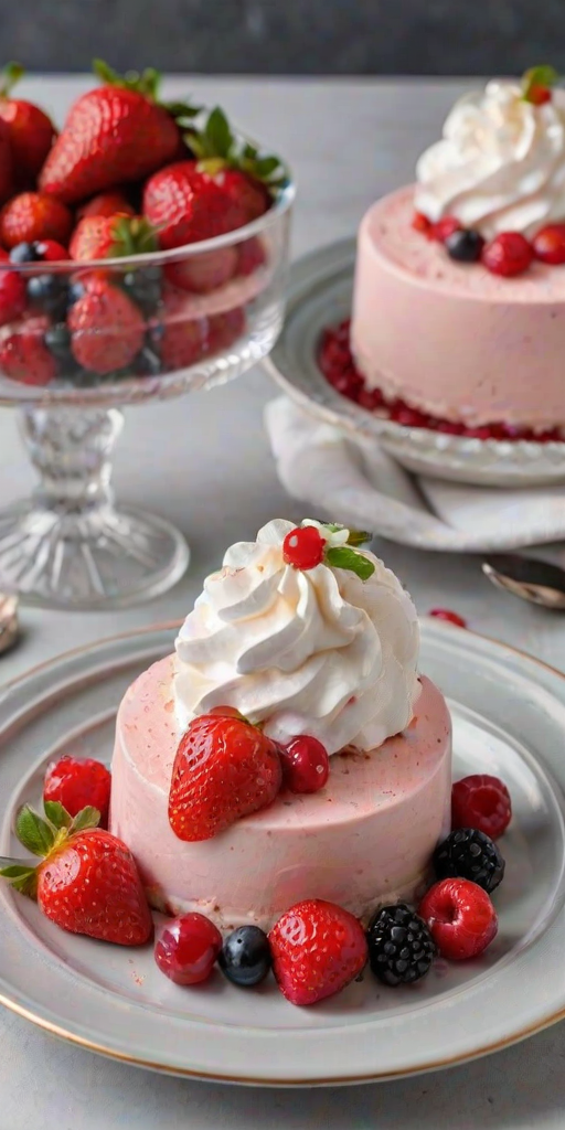 Create an image of two elegant round desserts layered with a creamy white base and a pink fruit mousse on top. Each dessert is adorned with fresh strawberries, a dollop of whipped cream, and a sprinkle of red currants. The plate is garnished with crushed cookies, and there are small bowls of berries in the background. Include a silver spoon beside the plate for an added touch of elegance.