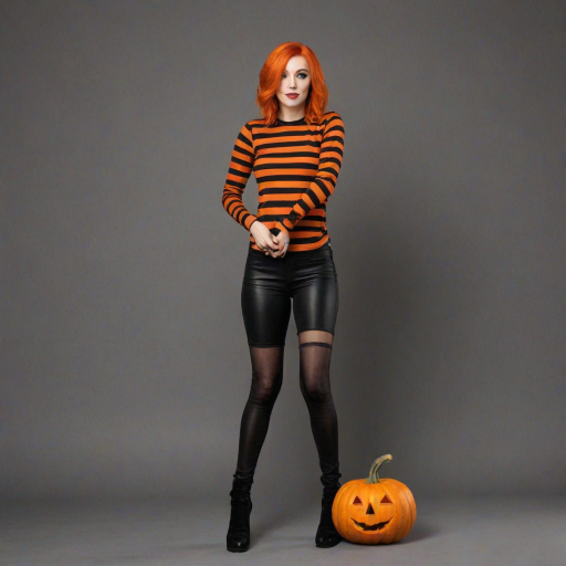 beautiful woman in orange and black Halloween colors, stripes. striking. pumpkin on shirt. I'm orange hair. full body. side shot holding pumpkin